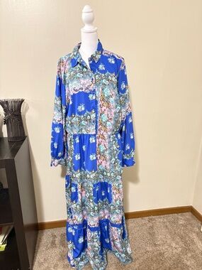 Blue Floral Patchwork Button-Front Maxi Dress